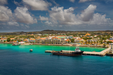 Arriving at Bonaire, capture from Ship at the Capital of Bonaire, Kralendijk in this beautiful island of the Ccaribbean Netherlands, with its paradisiac beaches and water.