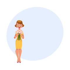 Woman, girl in yellow dress holding bunch of daisy flowers, cartoon vector illustration with space for text. Full length portrait of girl, woman holding bunch of flowers, happy and surprised