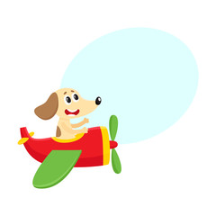 Cute funny dog, puppy pilot character flying on airplane, cartoon vector illustration with space for text. Little baby dog, puppy pilot, animal character flying in open airplane