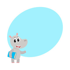 Cute little hippo student character standing with book under arm, cartoon vector illustration with space for text. Little hippo animal student character with a book, back to school concept