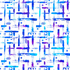  seamless pattern brush stripes plaid. Blue color on white background. Hand painted grange texture. Ink geometric elements. Fashion modern style. Endless fantasy plaid fabric print. Watercolor