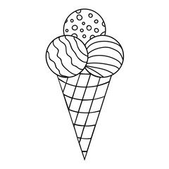 Black thin line doodle ice cream with three balls in the waffle cup. Vector illustration.