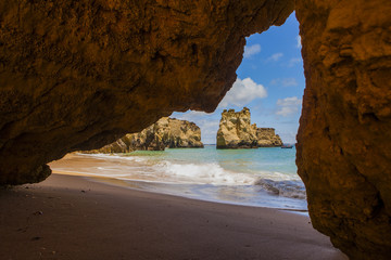 The southern coast of Portugal, the region of the Algarve, beautiful natural beaches with sandy cliffs on the Atlantic coast 
