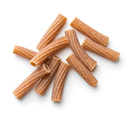 Dried rigatoni pasta.