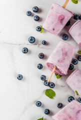 Summer sweets and desserts. Vegan food. Frozen drinks, smoothies. Ice cream popsicles from homemade Greek yogurt and fresh organic blueberries. With mint. On white marble table. Copy space