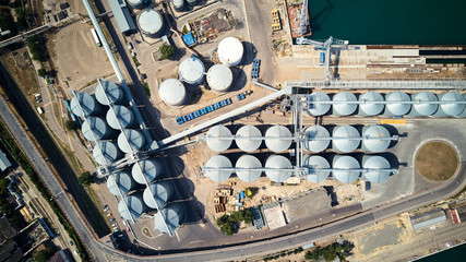 Top view of wheat silos storage in sea port