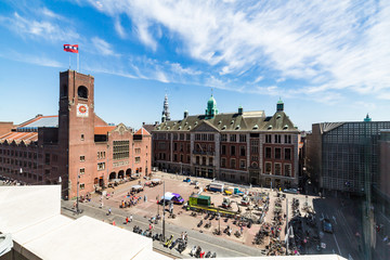 Exterior view of buildings at Damrak street in the old town part of Amsterdam