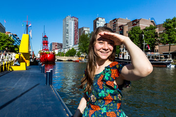 Exterior view of the Leuvehaven ship harbor in the city center of Rotterdam