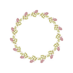 Vector botanical illustration with a wreath made of stylized leaves and clover flowers.