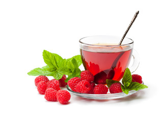 Red  fruit tea with raspberry and mint isolated on white background
