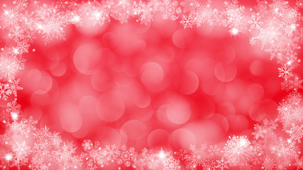 Christmas background with frame of snowflakes and bokeh effect in red colors