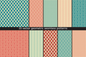 Set of Ten Vector Seamless Patterns In Blue and Red Colors. textile fabric