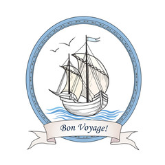 Sailing ship. Summer holiday Bon Voyage card. Sail boat transport 