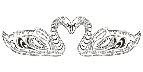Two swans zentangle stylized, illustration, vector, freehand pencil, heart, love. Anti stress coloring book for adults and kids.