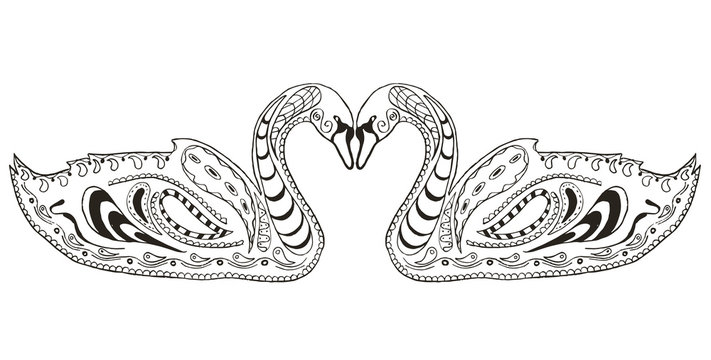 Two swans zentangle stylized, illustration, vector, freehand pencil, heart, love. Anti stress coloring book for adults and kids.