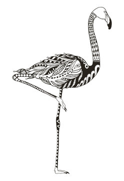 Flamingo zentangle stylized, vector, illustration, freehand pencil, hand drawn, pattern. Anti stress coloring book for adults and kids. One leg standing.