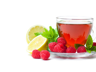Red  fruit tea with raspberry and mint isolated on white background