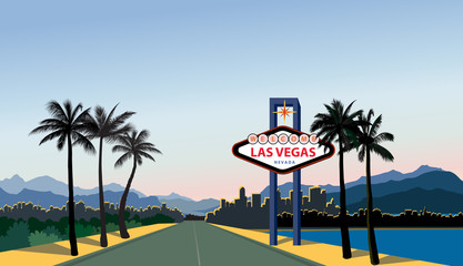 Las Vegas city skyline. Travel USA background. Landscape with road to Las-Vegas