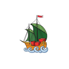 Sailing ship retro illustration. Ship transport cartoon. Marine icon