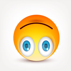 Smiley with blue eyes,emoticon. Yellow face with emotions. Facial expression. 3d realistic emoji. Sad,happy,angry faces.Funny cartoon character.Mood.Vector illustration.