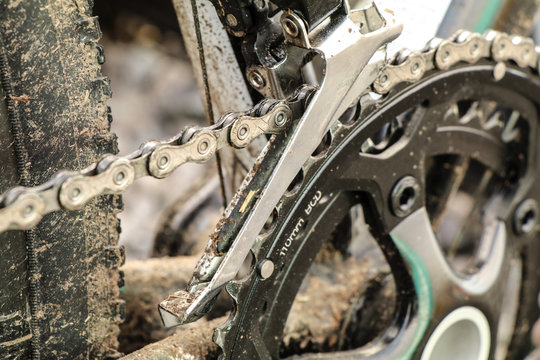 Dirty Bike Close Up Of Chain And Crank