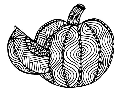 Hand drawn, black and white ornamental pumpkin. Could be use for coloring book in zentangle style