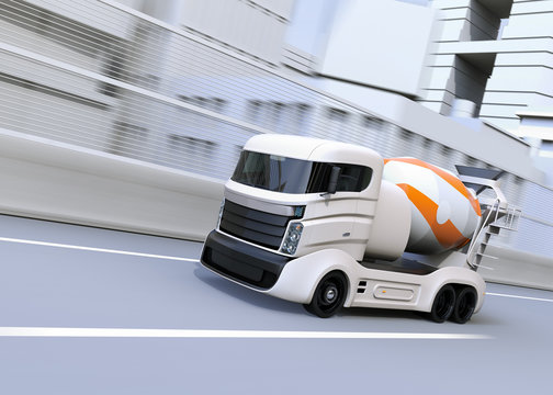 Concrete mixer electric truck driving on the highway. 3D rendering image.