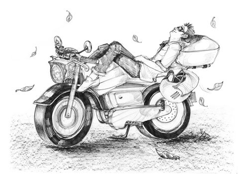 Biker life style cartoon drawing is freedom he sleeping on bike