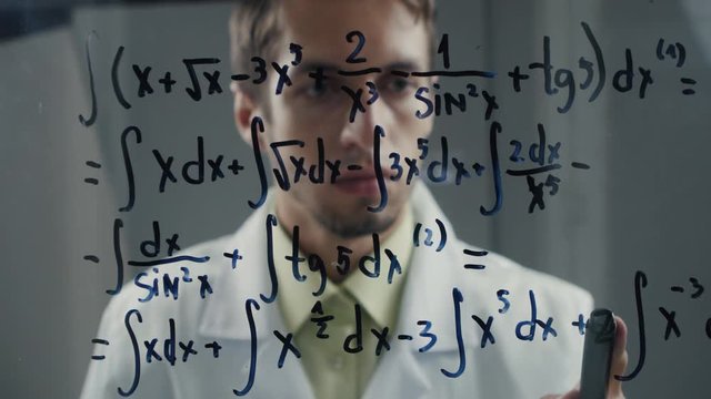 Professor the scientist thinks over the solution of the integral equation. The mathematician solves the problem.