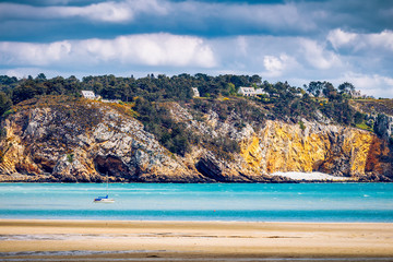 Beautiful area of Morgat with the sand beach and rocky coastline, Finistere, Brittany (Bretagne), France.