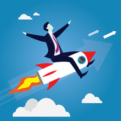 Businessman Flying High Riding a Rocket