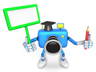 The left hand Holding the board Teacher Blue Camera Character. The right hand grasp pencil. Create 3D Camera Robot Series.