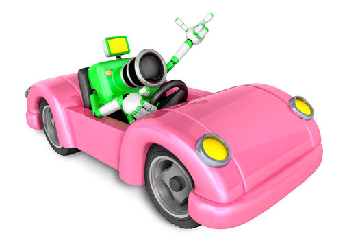 Driving a Pink Convertible car in green camera Character. Create 3D Camera Robot Series.