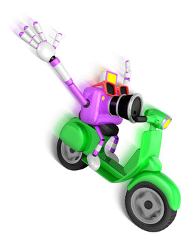 Purple camera character driving a motor cycle with fast speed. Create 3D Camera Robot Series.