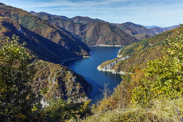 Obraz na płótnie Canvas Autumn Panoramic view of Tsankov kamak Reservoir, Smolyan Region, Bulgaria