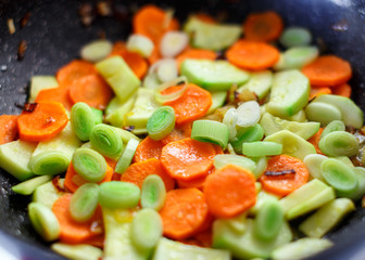 Sliced vegetables in pot. Preparing healthy vegetarian meal.