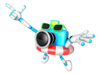 Sky Biue Camera Character jumping in rubber ring. Create 3D Camera Robot Series.