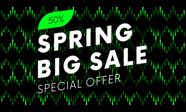 Special offer spring big sale text banner on musical dark background. Vector illustration.
