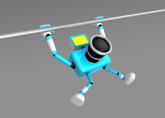 3D Cyan Camera character is doing a vigorous pullup. Create 3D Camera Robot Series.