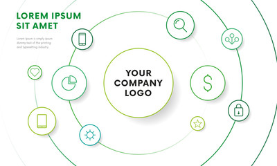 Company infographic overview design template with icons. Circle design. Vector illustration.
