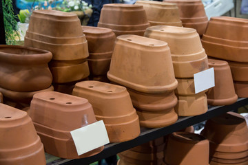Clay tree pots on shelf selling at flower market