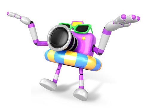 3D purple Camera Character jumping in rubber ring. Create 3D Camera Robot Series.