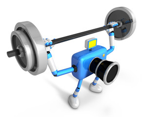 3D Blue Camera character is doing powerful Weightlifting Exercises. Create 3D Camera Robot Series.