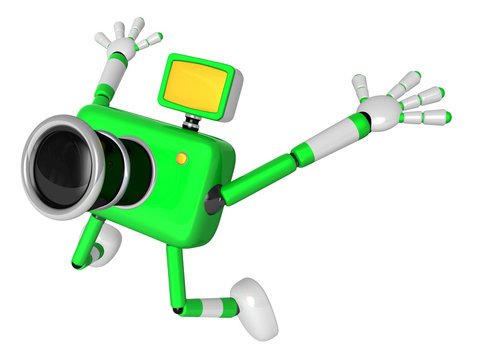 The Green Camera Character in Dynamic photos of the jump shot camera. Create 3D Camera Robot Series.