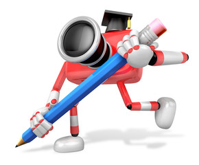 Red Camera Character pencil a handwriting. Create 3D Camera Robot Series.