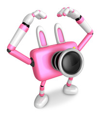 Pink Camera Character gesture of love in To the left toward. Create 3D Camera Robot Series.