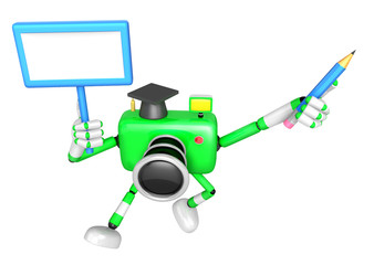 The left hand Holding the board Doctor Green Camera Character. The right hand grasp pencil. Create 3D Camera Robot Series.