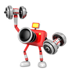 3D Red Camera character a Dumbbell one Easy Clean Exercise. Create 3D Camera Robot Series.