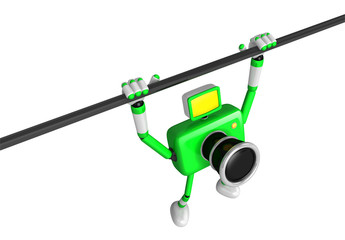 Fototapeta premium Green Camera character is hanging in horizontal bar. Create 3D Camera Robot Series.