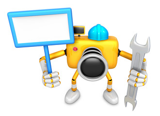 The left hand Holding the board Engineer Yellow Camera Character. The right hand is holding a Spanner. Create 3D Camera Robot Series.